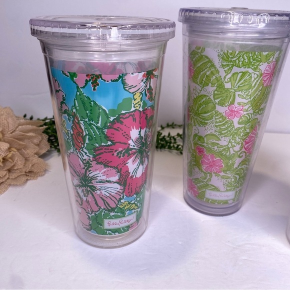 Set of 3 Lilly Pulitzer Ocean Floral Print Plastic Tumblers With Lids BPA Free - Picture 3 of 6